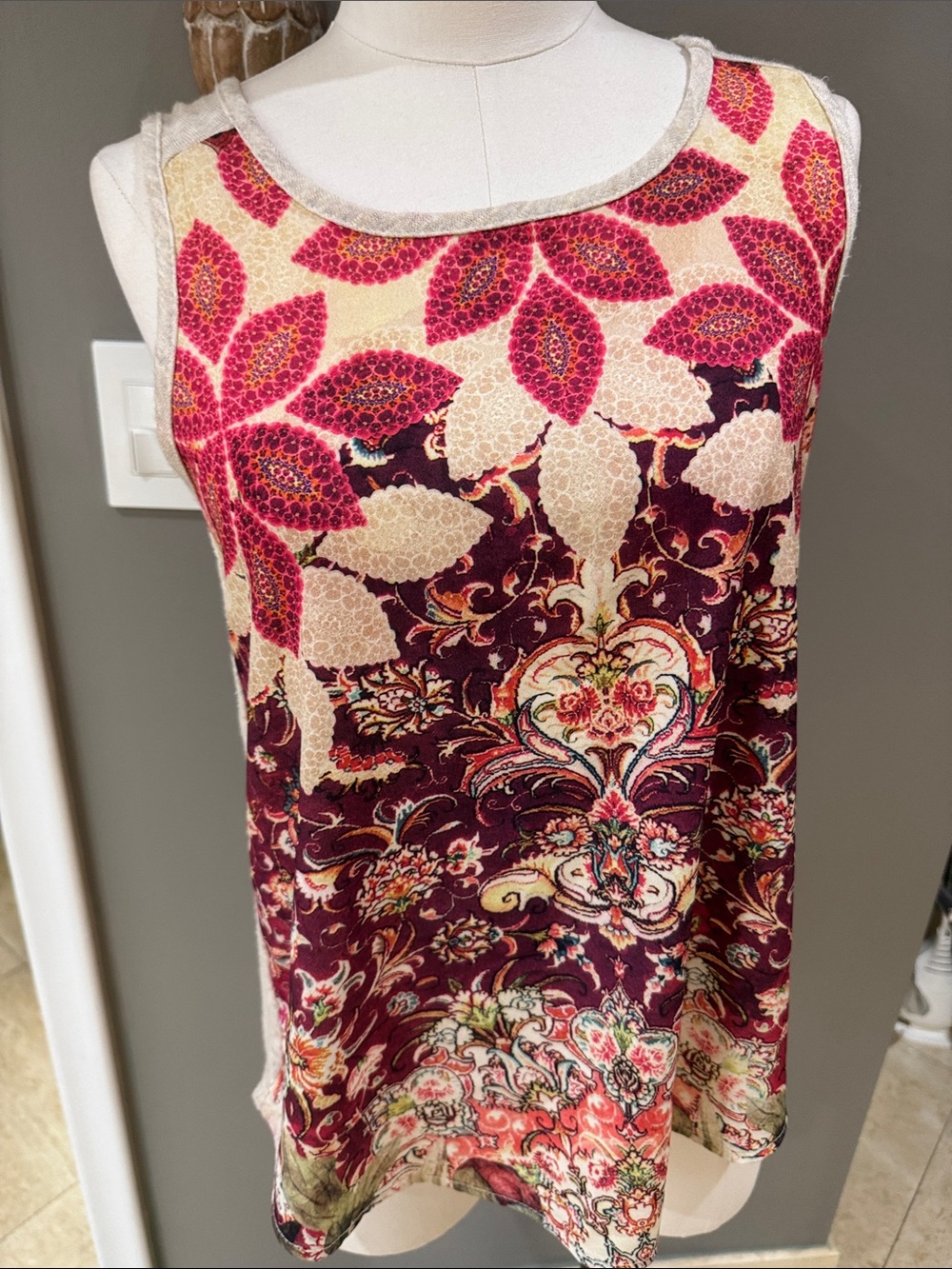bobeau Burgundy and Cream Floral Tank Top